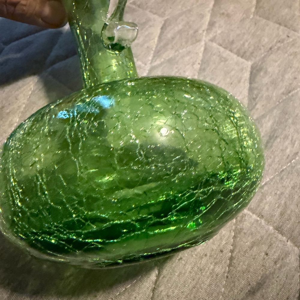 Handblown Green Crackle Glass Vase - Decorative Accent